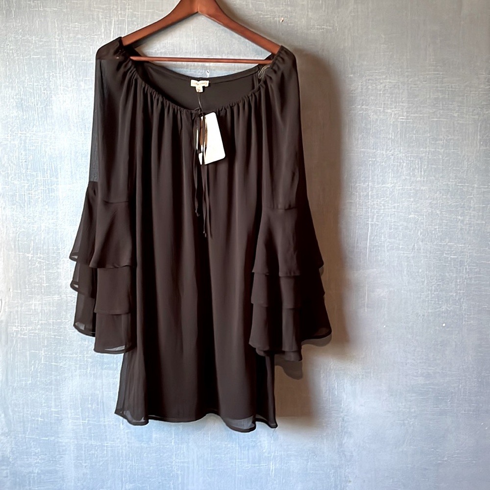 Black light weight crepe long sleeved dress.